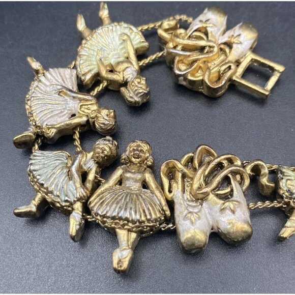 Vtg Ballerina Slide Charm Bracelet Ballet Dance Slippers Silver Wash Gold Tone - Picture 7 of 9